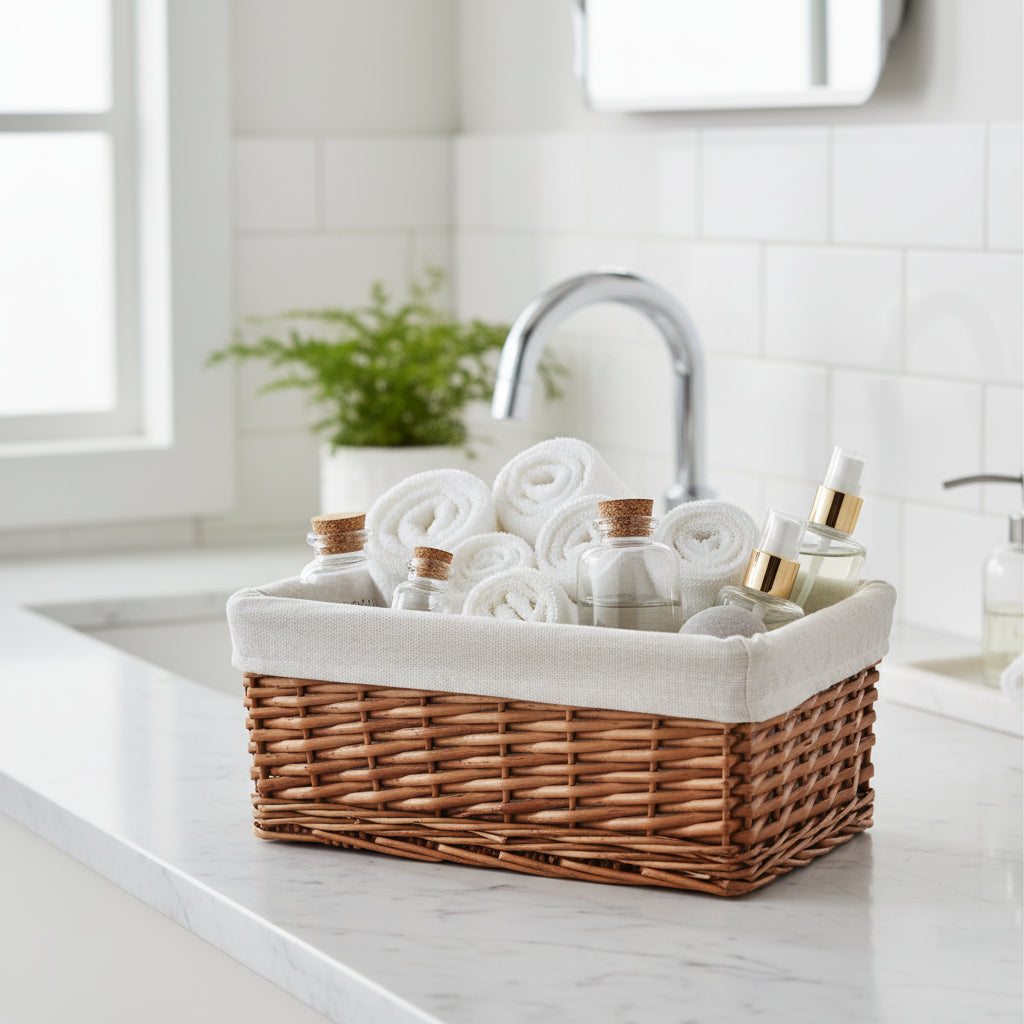 Wicker basket with a white liner on a white background