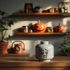 Gray LEGO head with a Halloween face design on a wooden table, with pumpkins in the background.