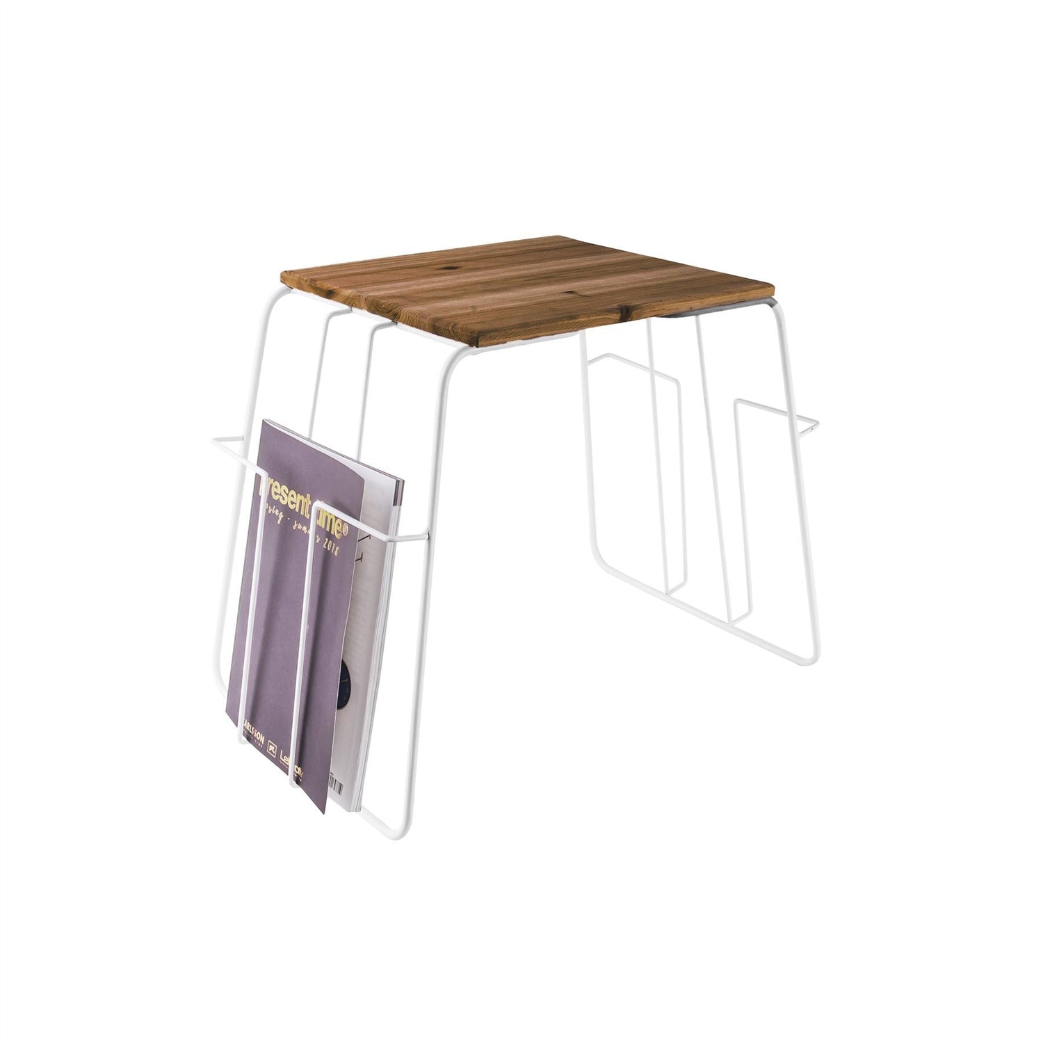 White Wire & Wood Magazine Rack Side Table