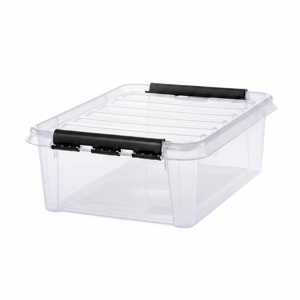 Clear storage box with black handles on a white background