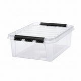Clear storage box with black handles on a white background