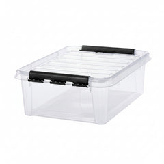 Clear storage box with black handles on a white background