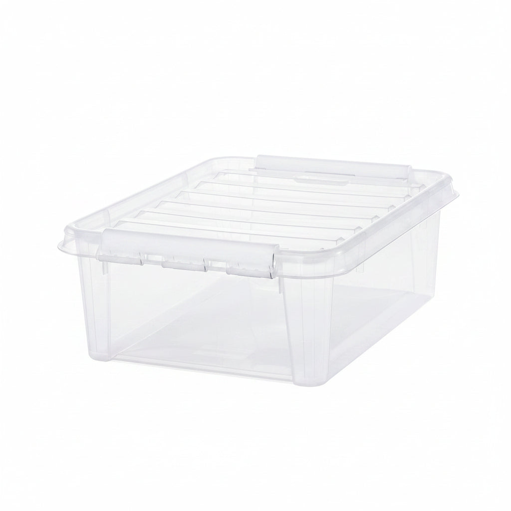 Clear plastic storage box with a lid on a white background