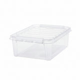 Clear plastic storage box with a lid on a white background