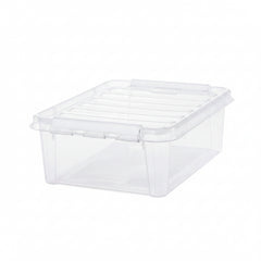 Clear plastic storage box with a lid on a white background