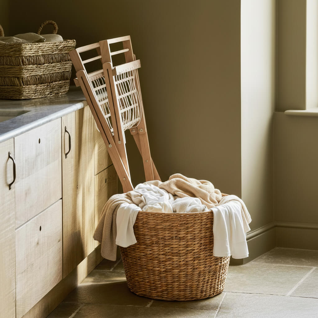 Wicker laundry basket with clothes inside in a laundry room.