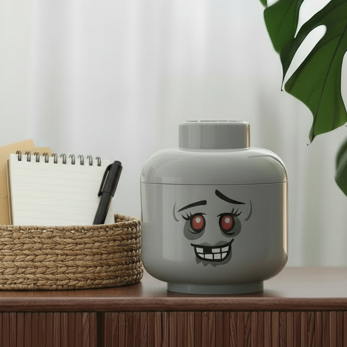 Black cat sitting next to a decorative jar with a face design on a shelf.