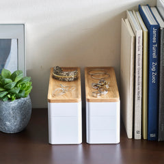 Two wooden and white bookends on a shelf with books and a plant.