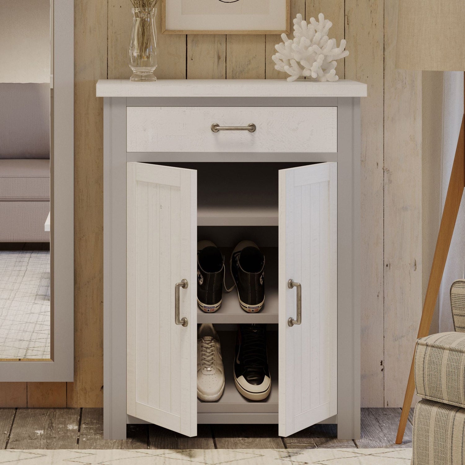 Shoe Storage Cupboard with Drawer - Greystone