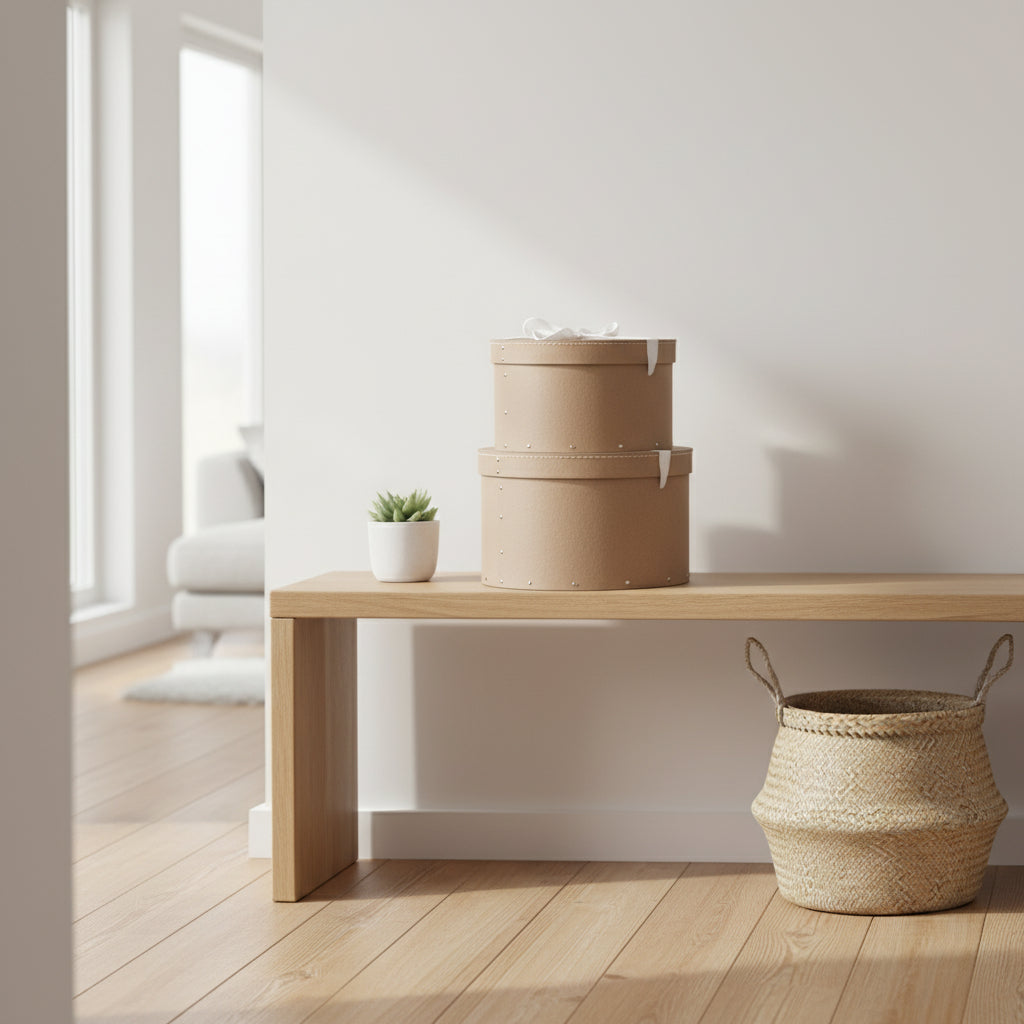Two brown cardboard boxes with white ribbons on a white background