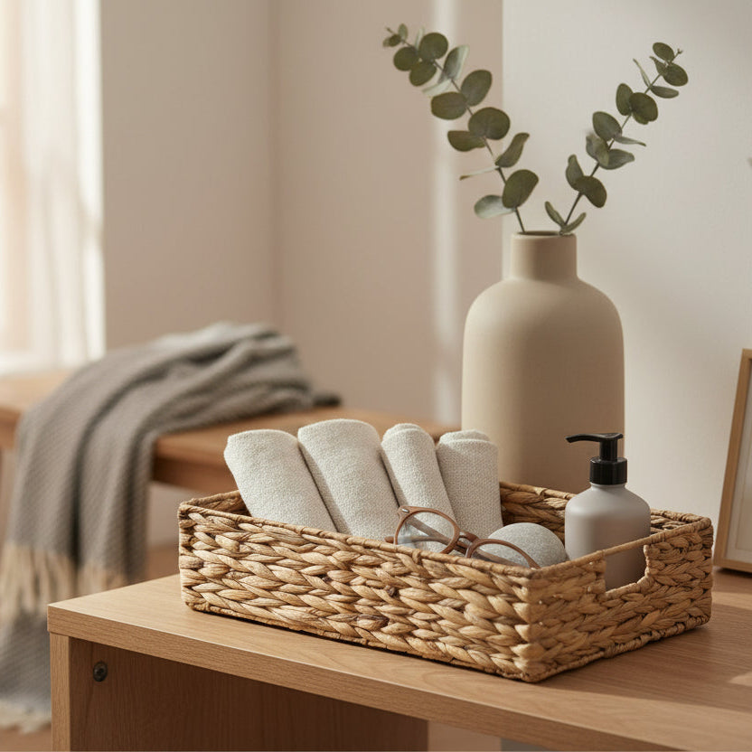 Woven rectangular tray on a white background
