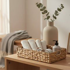 Woven rectangular tray on a white background