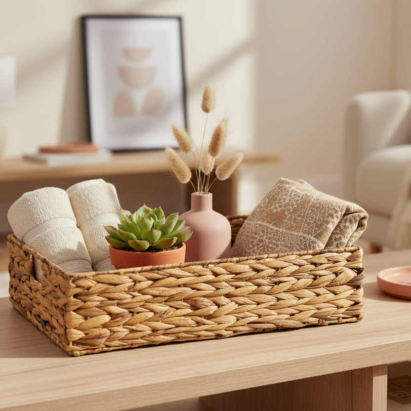 Woven brown basket on a white background