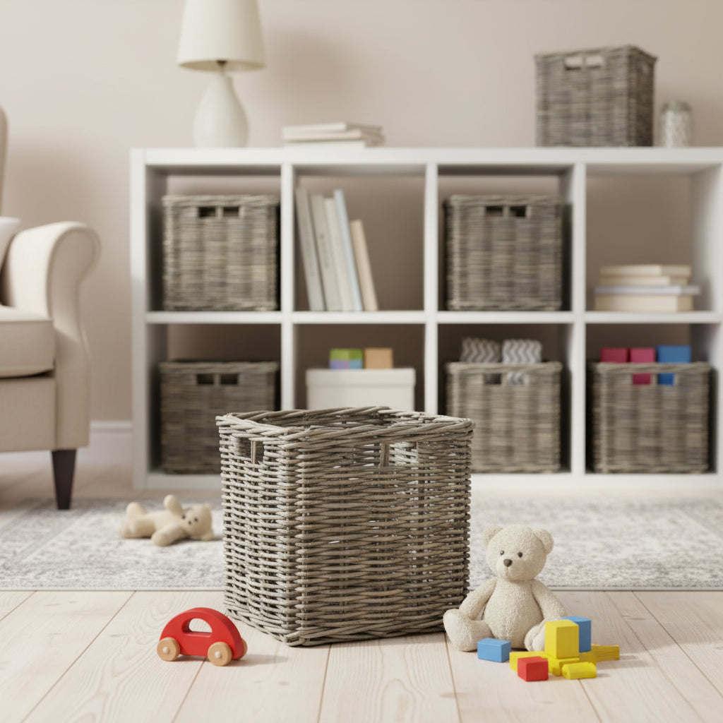 Children's room with white bookshelf, wicker baskets, and toys on a wooden floor.