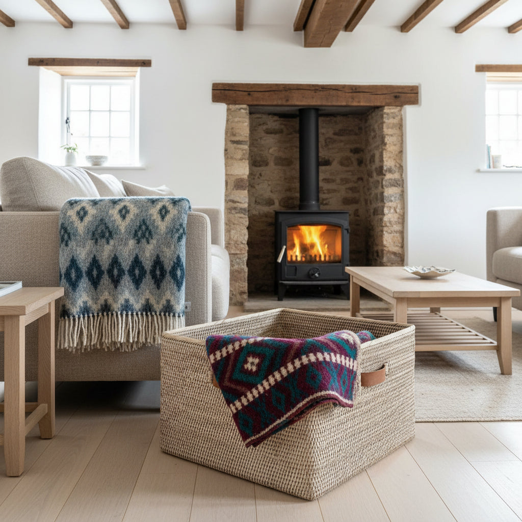 Cozy living room with a fireplace, armchair, and woven ottoman.