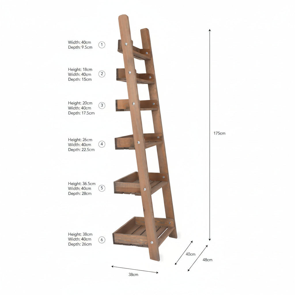 Wooden ladder shelf with dimensions labeled on a white background