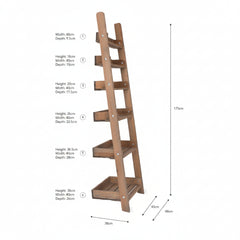 Wooden ladder shelf with dimensions labeled on a white background