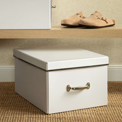 White storage box with a gold handle on a carpeted floor, with beige shoes in the background.