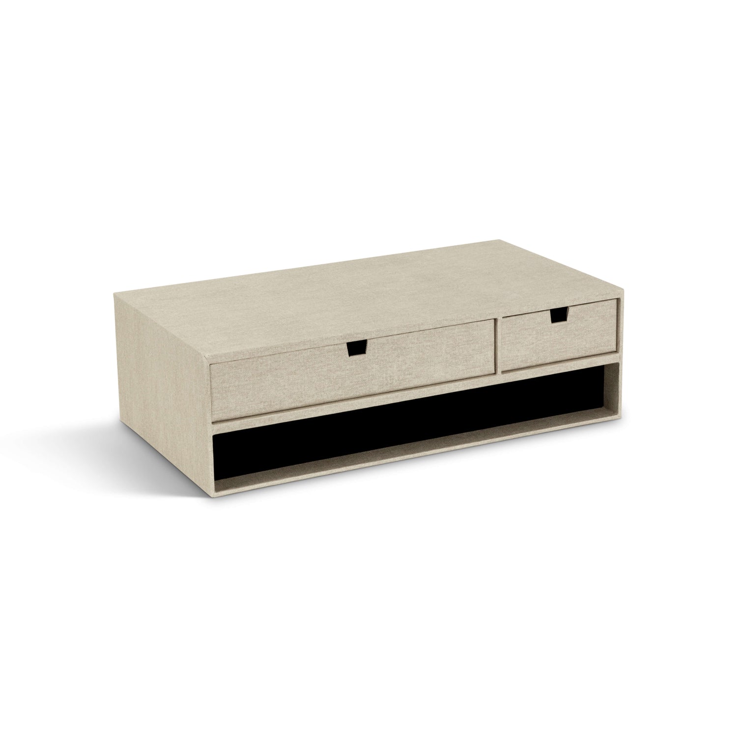 Beige storage bench with black accents on a white background