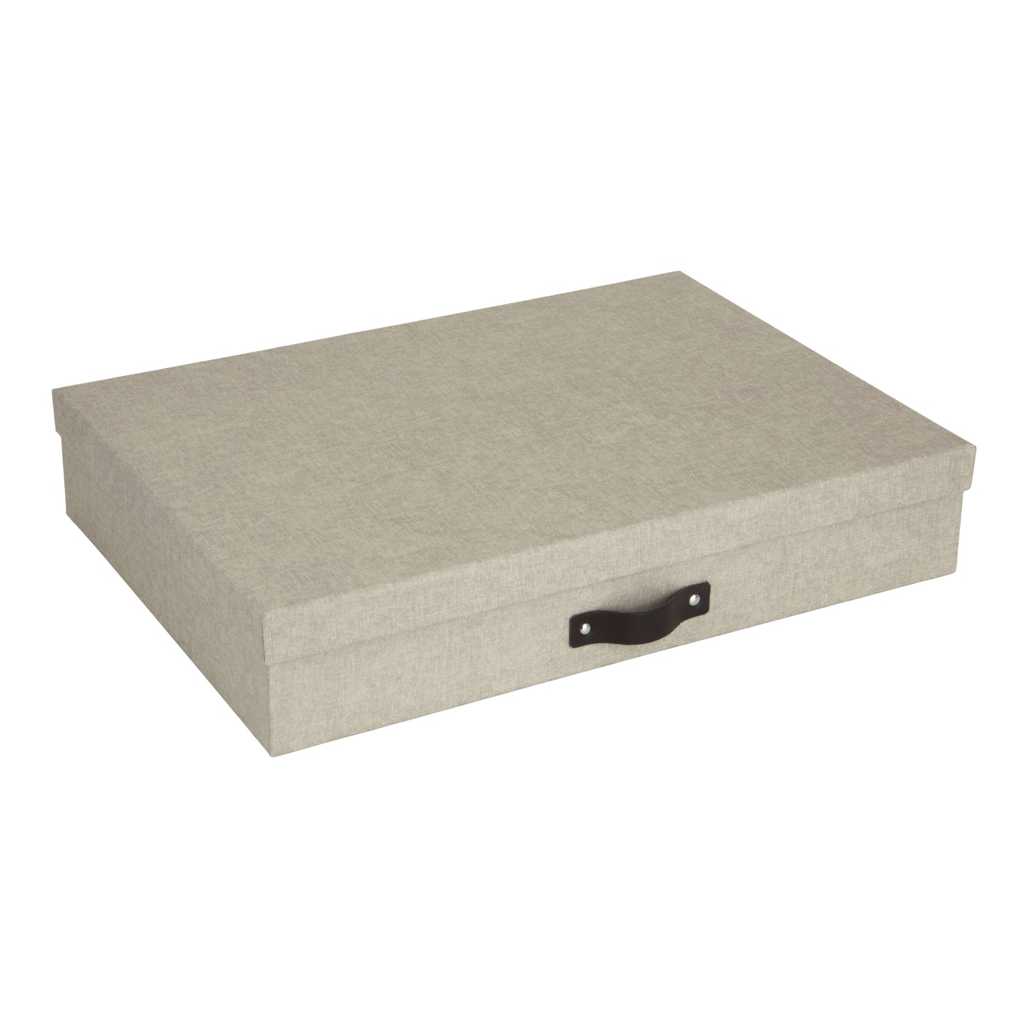 A rectangular storage box with a textured light beige fabric cover and a black plastic handle, shown on a plain white background.