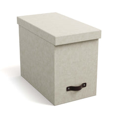 Beige storage box with a lid and handle on a white background
