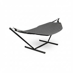 A black hammock with a quilted sling fabric and a matching black metal A-frame stand, shown against a plain white background.