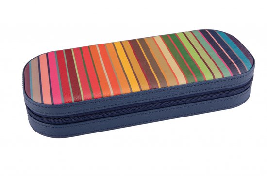 Colorful striped pencil case with a blue base on a white background
