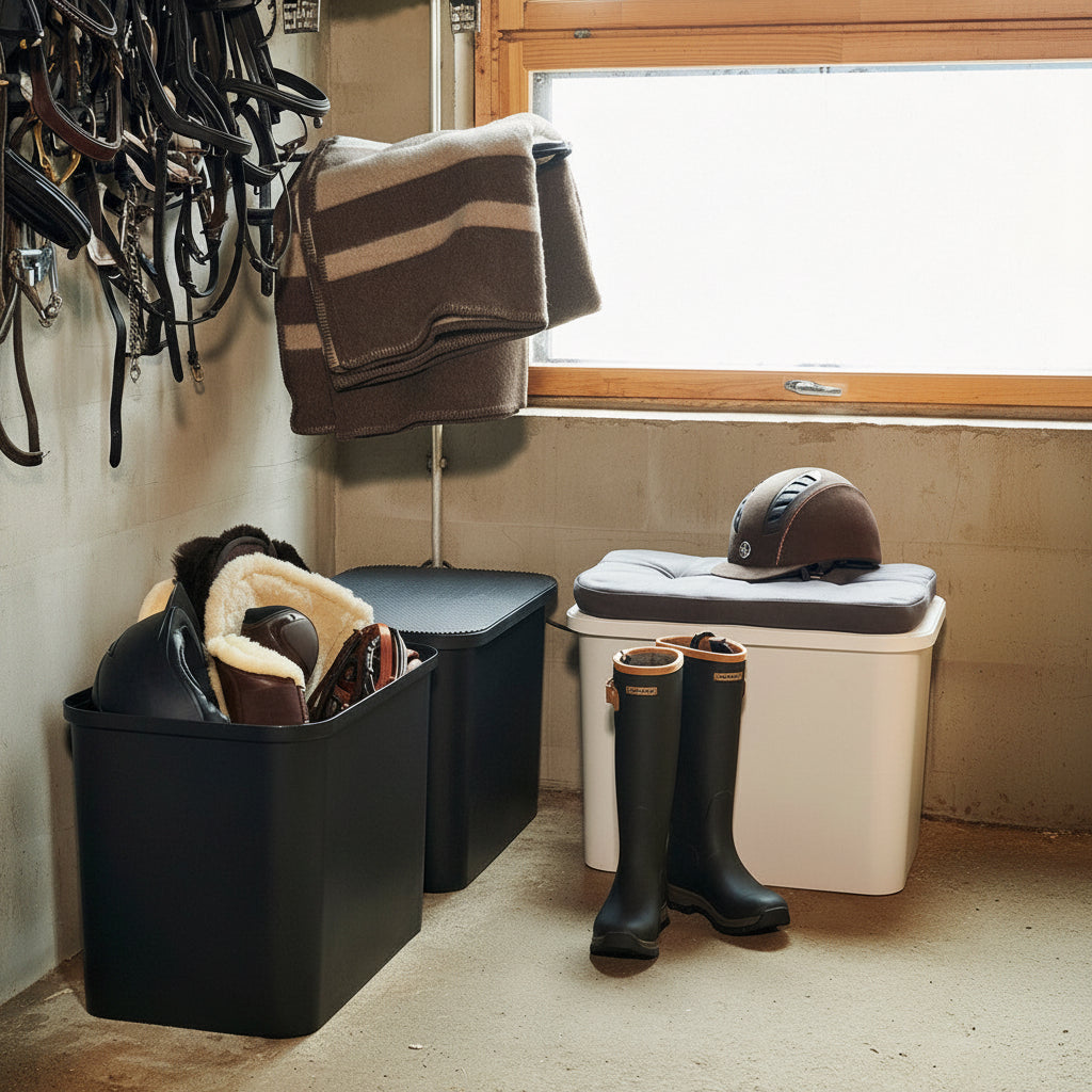 Storage area with equestrian equipment including boots, helmet, and bags in a stable.