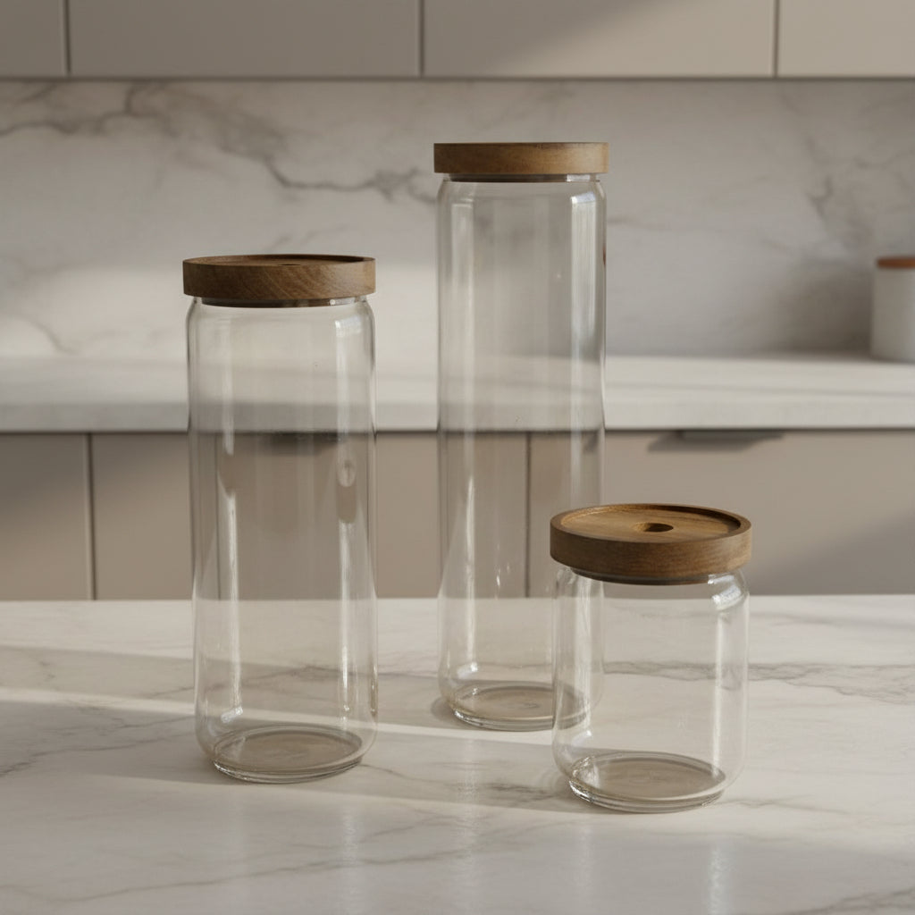Set of three glass jars with wooden lids on a white background