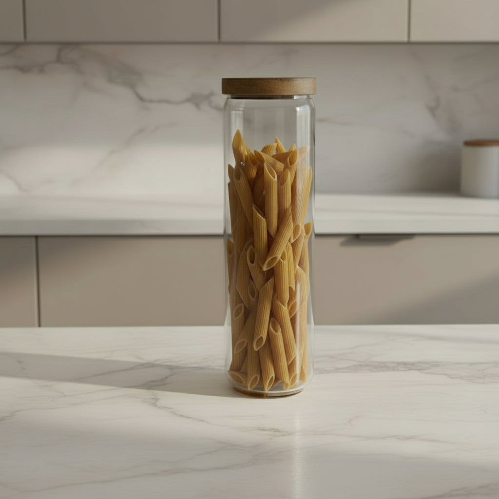 Large glass jars with acacia wooden lid containing oats, pasta, and coffee beans on a kitchen counter.