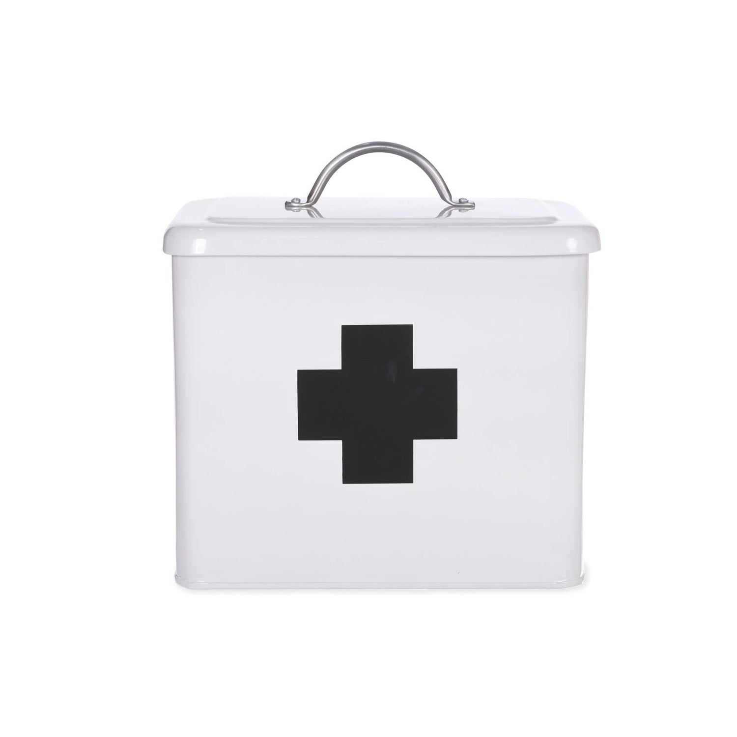 White metal storage canister with black cross on a white background