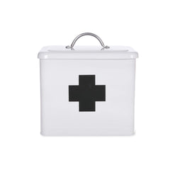 White metal storage canister with black cross on a white background