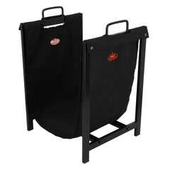 Black trash bag with a red logo on a stand against a white background