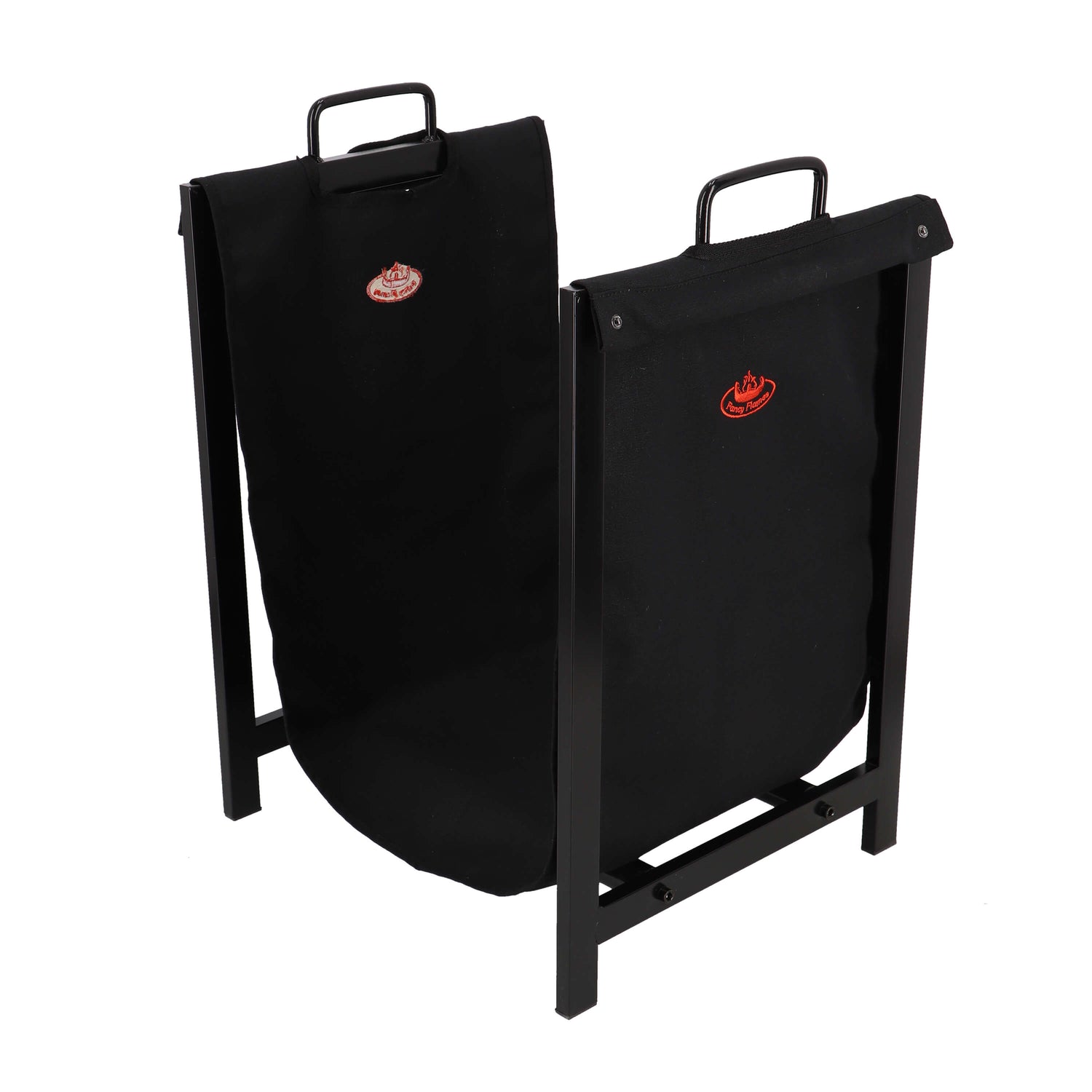 Black log basket with red logo on a white background