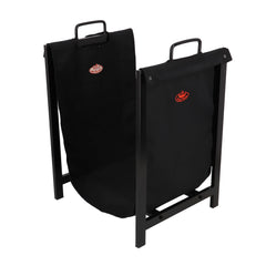 Black log basket with red logo on a white background