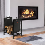 Modern fireplace with burning fire and a black metal firewood holder on a wooden floor.