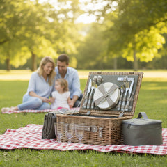 Picnic basket set with cutlery, plates, glasses, and cooler bag on a white background