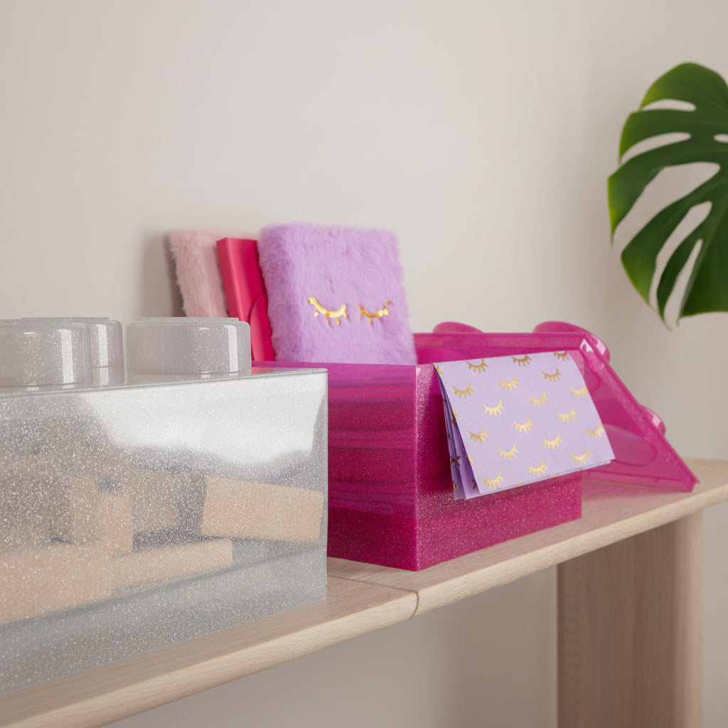 Stack of pink and purple boxes on a surface with a plant in the background