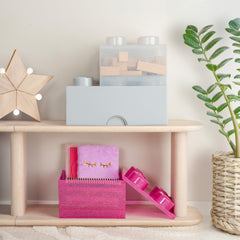 Wooden shelf with pink storage bins, books, and a plant on a light background