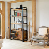 Living room with bookshelf, armchair, and large window