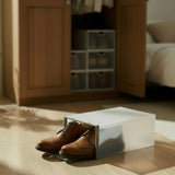 Brown shoes on a white shoe tree in a room with wooden floor and furniture.