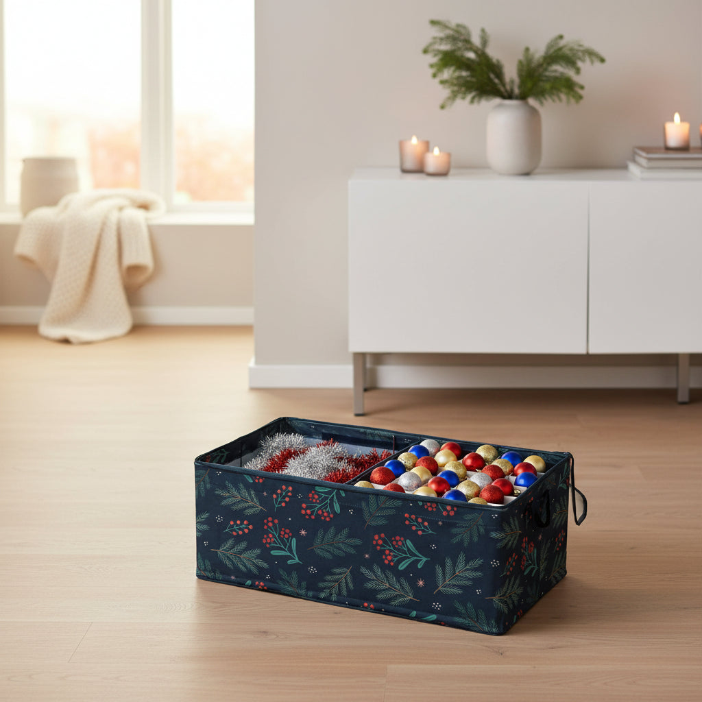 Storage box with compartments for Christmas ornaments on a white background