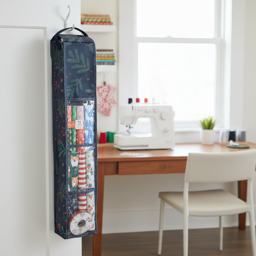Tall, dark green bag with floral patterns on a white background