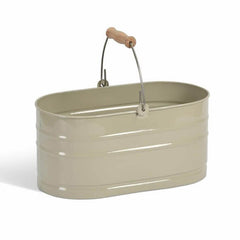 Green metal planter with wooden handle on a white background