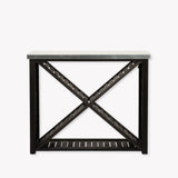 Black metal console table with X-shaped design on a white background