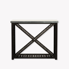 Black metal console table with X-shaped design on a white background