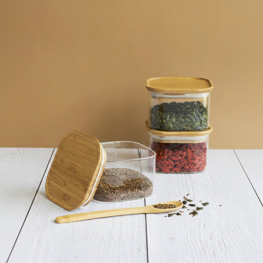 Pebbly Glass Storage Canisters with Bamboo Lid