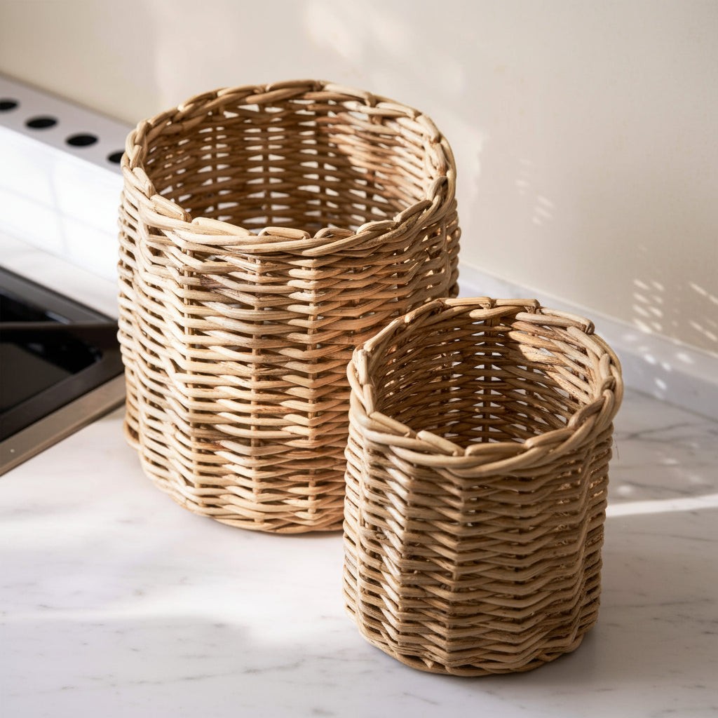 Two woven baskets on a light surface