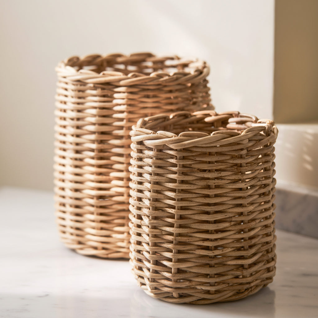 Two woven baskets on a light surface with a neutral background