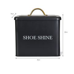 Black shoe shine box with gold handle and dimensions on a white background